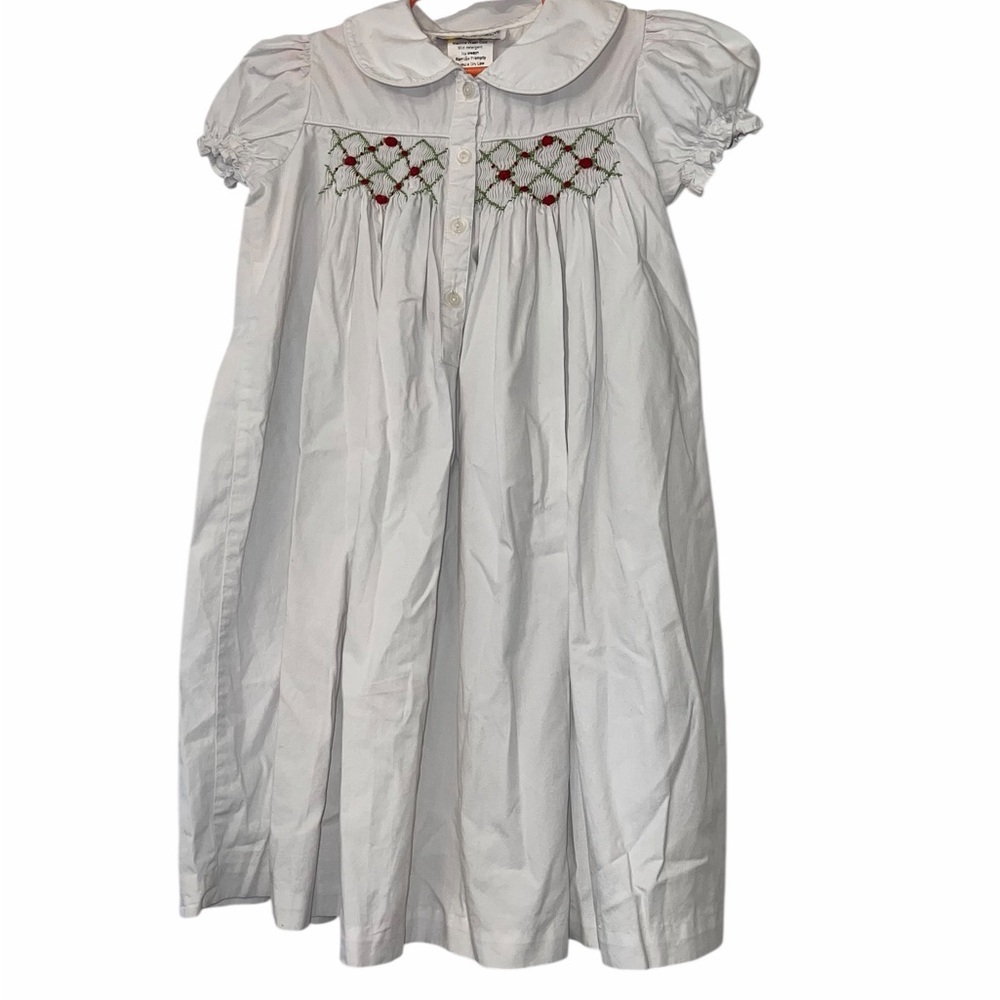 Secret Wishes White Smocked Dress with Red & Green Embroidery button front Sz 5